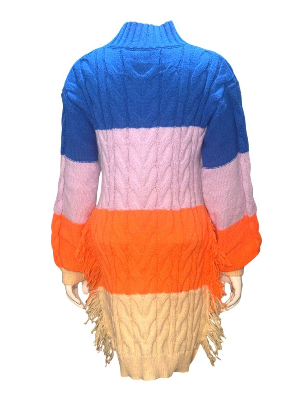 Daisy Size M Blue Pink Orange Fringe Cable Knit Turtleneck Sweater Dress Slouchy - Picture 4 of 12